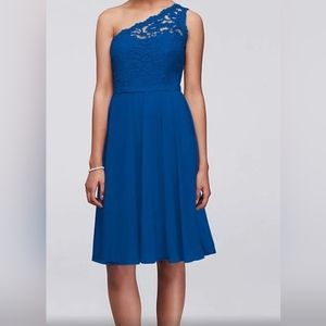 David's Bridal one shoulder dress, horizon blue